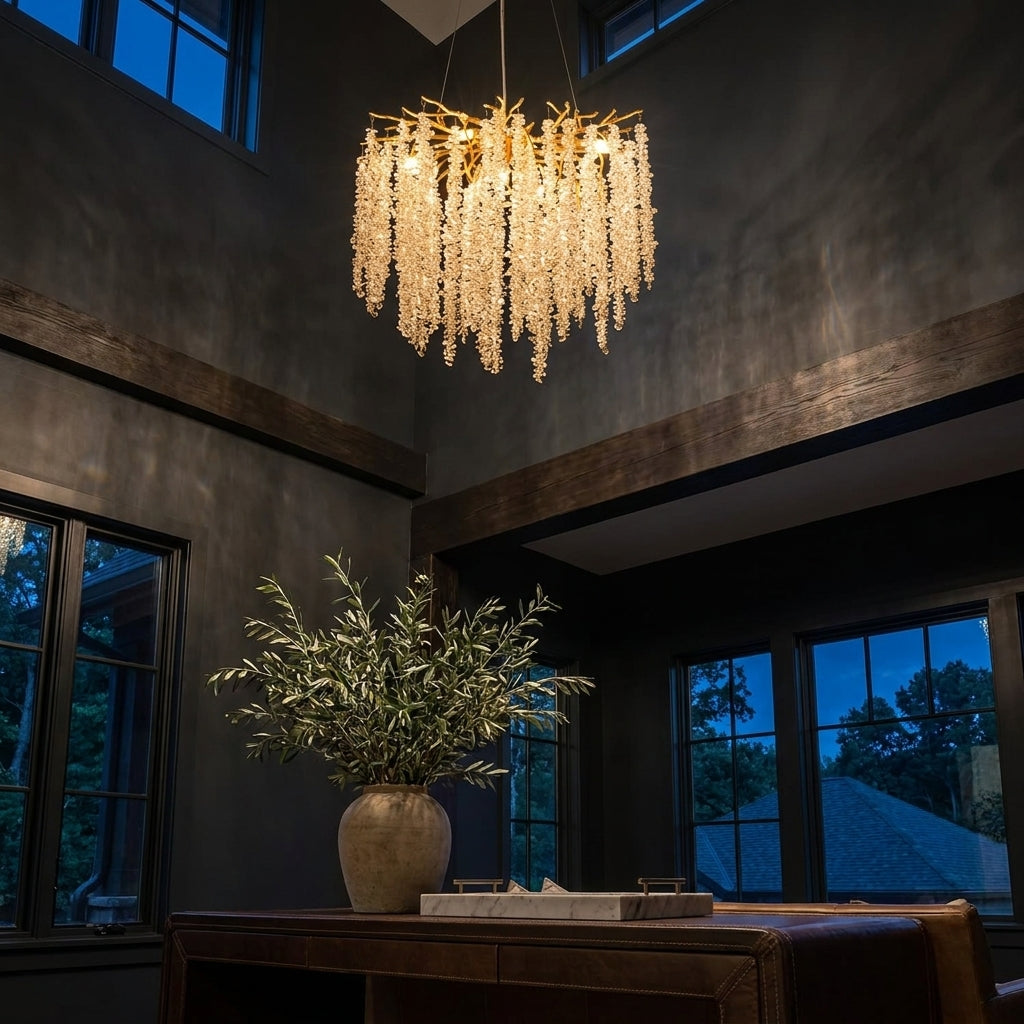 Aura round K9 crystal chandelier on a gold frame