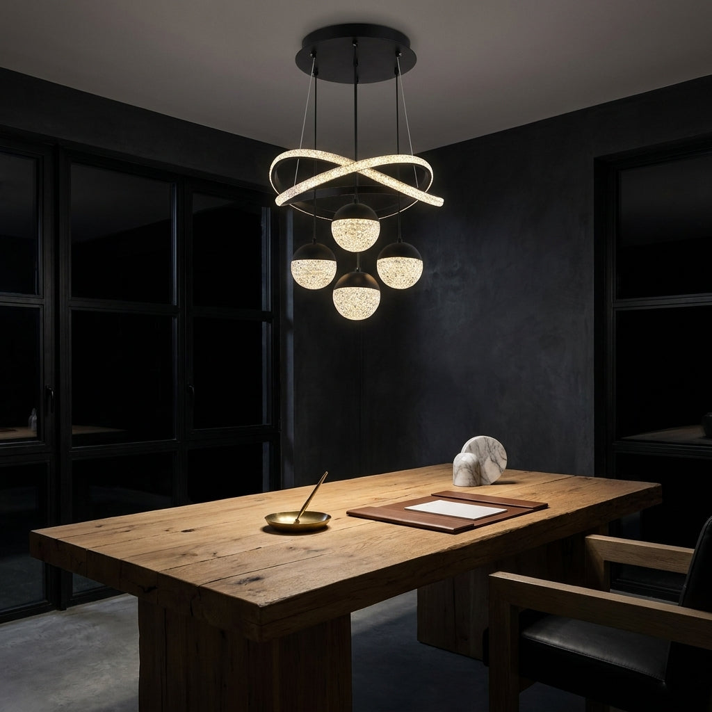 Sera LED ring chandelier with hanging textured shades