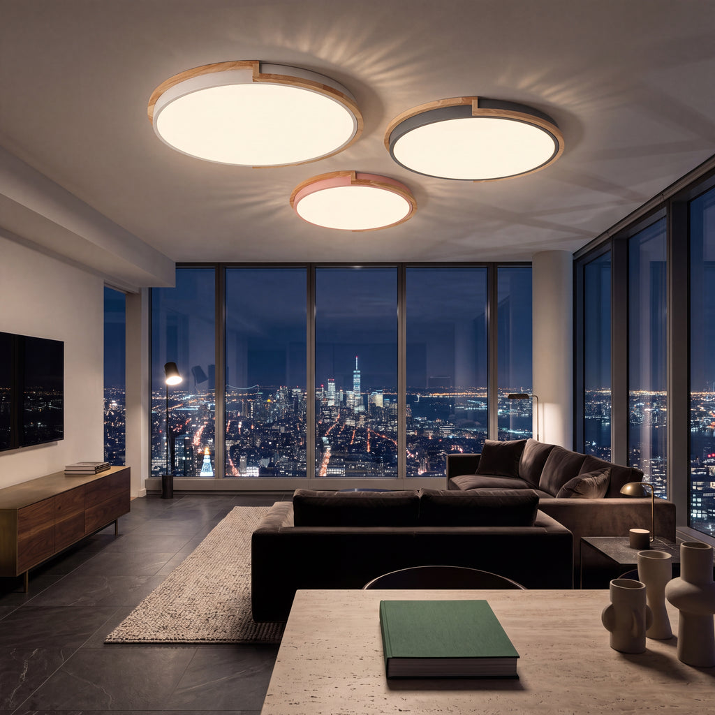Nolla flush LED ceiling light with a wood rim