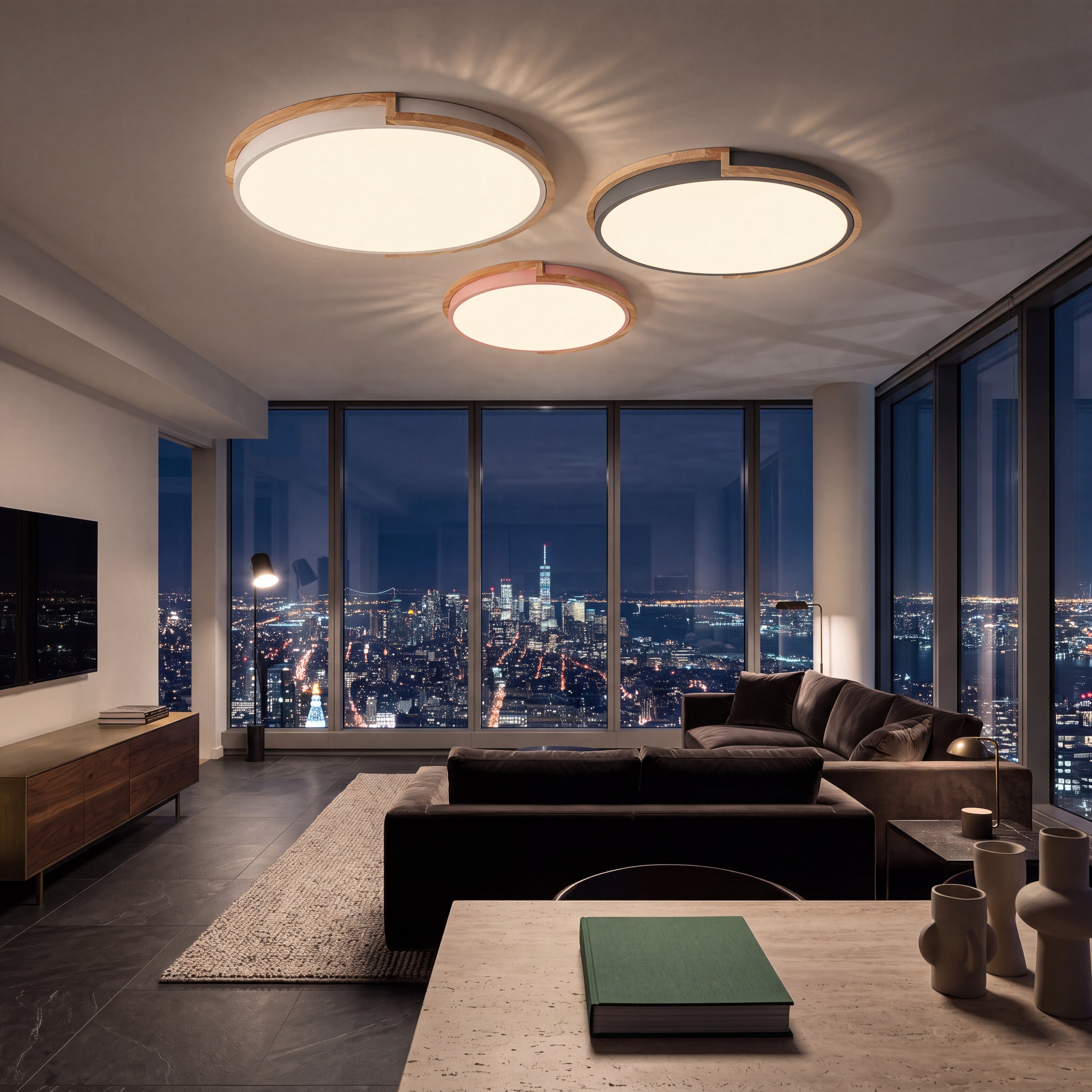 Nolla flush LED ceiling light with a wood rim