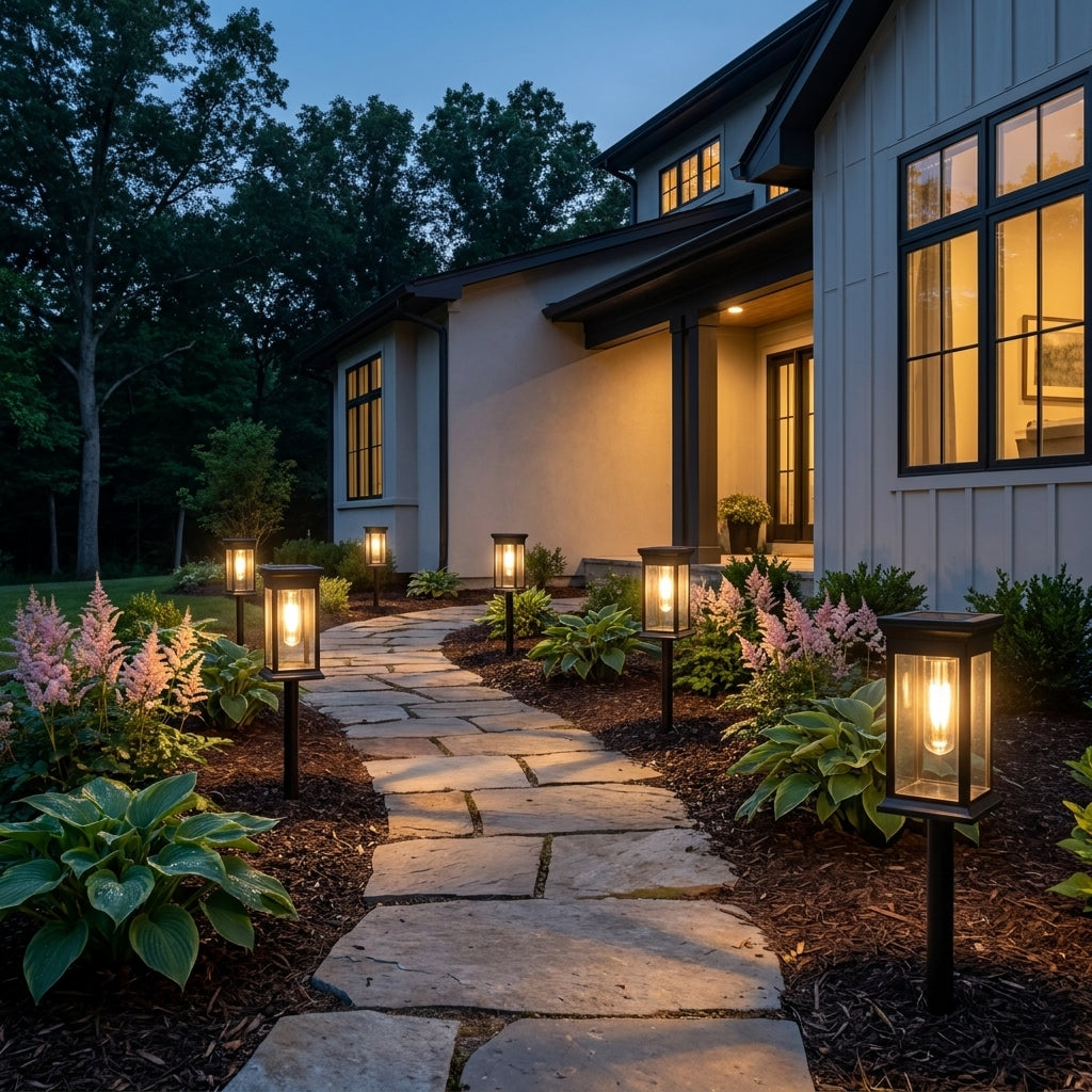Borgo solar path lights glowing at dusk along a path