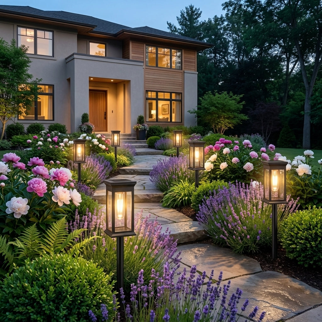 Borgo solar path light, four-sided lantern on an adjustable stake