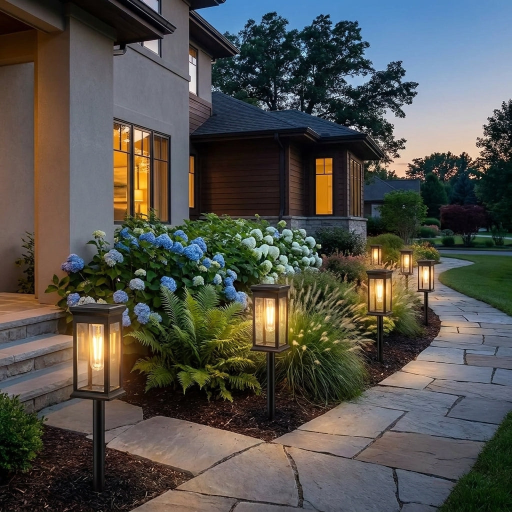 Borgo solar path light, four-sided lantern on an adjustable stake