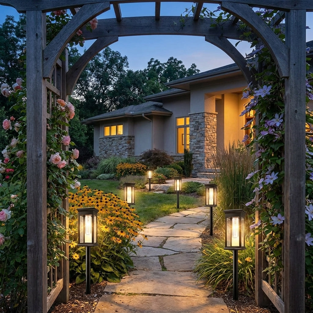 Borgo solar path light, four-sided lantern on an adjustable stake