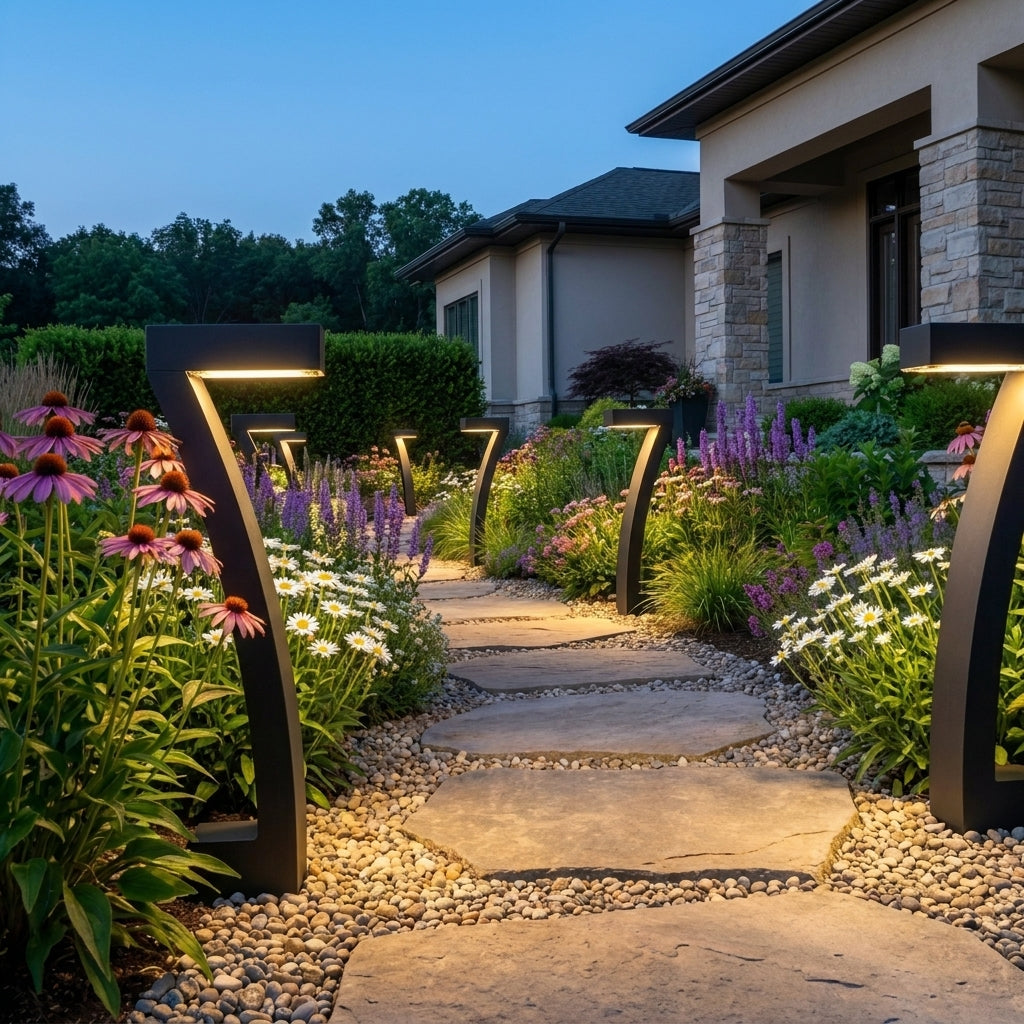 Viale solar path lights set into a garden border