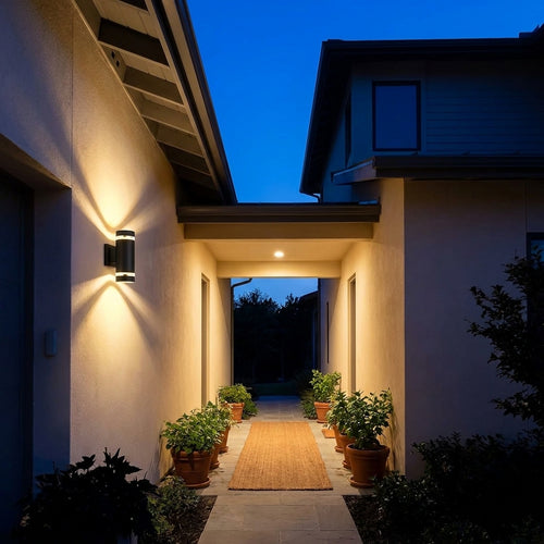 Faro outdoor wall light glowing on an exterior wall