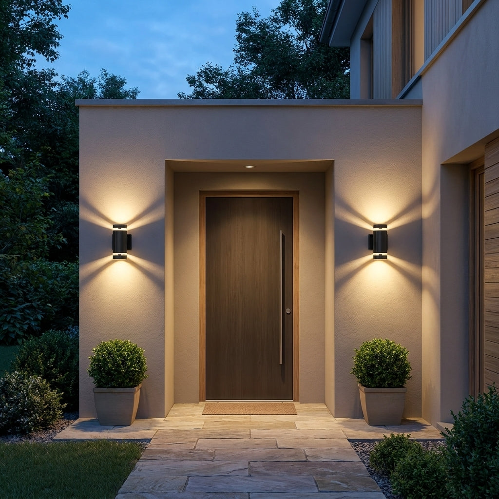 Faro outdoor wall lights flanking a front door after dark